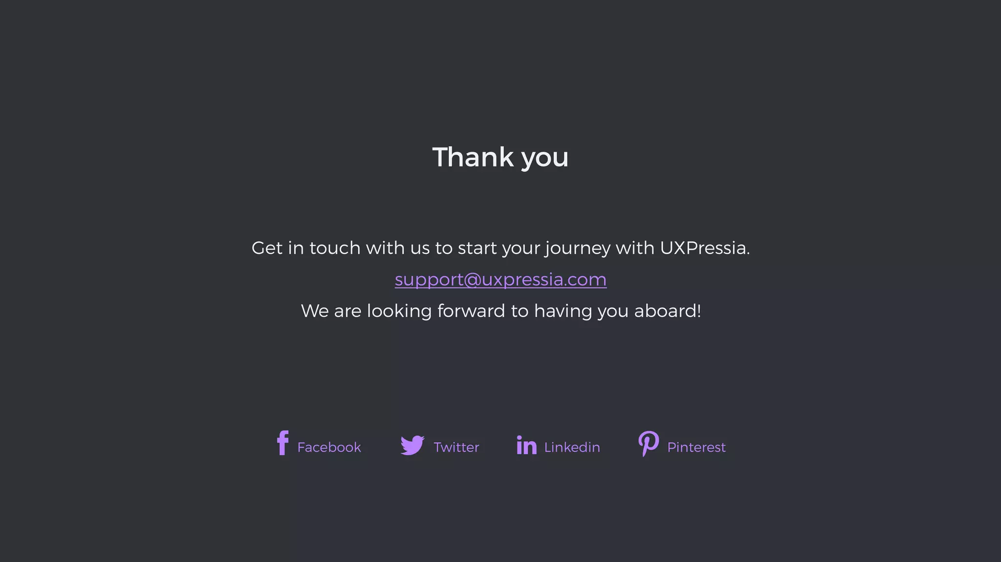 Thank you
support@uxpressia.com

Get in touch with us to start your journey with UXPressia.

We are looking forward to having you aboard!
Facebook Twitter Linkedin Pinterest
 