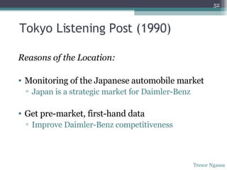 Tokyo Listening Post (1990) Reasons of the Location: Monitoring of the Japanese automobile market Japan is a strategic market for Daimler-Benz Get pre-market, first-hand data Improve Daimler-Benz competitiveness Tresor Ngassa 