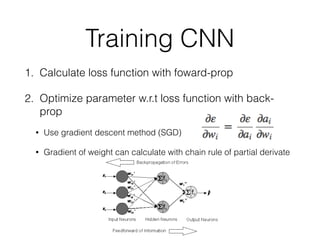 Training CNN
1. Calculate loss function with foward-prop
2. Optimize parameter w.r.t loss function with back-
prop
• Use gradient descent method (SGD)
• Gradient of weight can calculate with chain rule of partial derivate
 