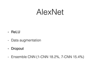 AlexNet
- ReLU
- Data augmentation
- Dropout
- Ensemble CNN (1-CNN 18.2%, 7-CNN 15.4%)
 