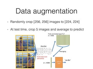 Data augmentation
- Randomly crop [256, 256] images to [224, 224]
- At test time, crop 5 images and average to predict
 