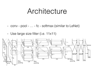 Architecture
- conv - pool - … - fc - softmax (similar to LeNet)
- Use large size ﬁlter (i.e. 11x11)
 