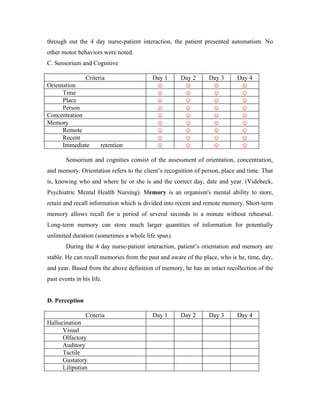 through out the 4 day nurse-patient interaction, the patient presented automatism. No
other motor behaviors were noted.
C....