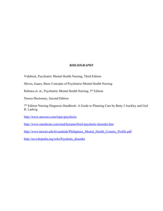 BIBLIOGRAPHY


Videbeck, Psychiatric Mental Health Nursing, Third Edition

Shives, Isaacs, Basic Concepts of Psychiatric-M...