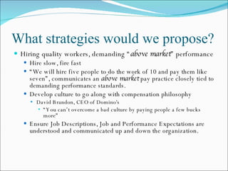What strategies would we propose? Hiring quality workers, demanding “ above market ” performance Hire slow, fire fast “ We will hire five people to do the work of 10 and pay them like seven”, communicates an  above market  pay practice closely tied to demanding performance standards. Develop culture to go along with compensation philosophy David Brandon, CEO of Domino's “ You can’t overcome a bad culture by paying people a few bucks more” Ensure Job Descriptions, Job and Performance Expectations are understood and communicated up and down the organization. 