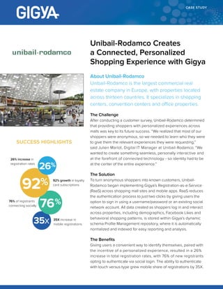 CASE STUDY
35x
SUCCESS HIGHLIGHTS
About Unibail-Rodamco
Unibail-Rodamco is the largest commercial real
estate company in Europe, with properties located
across thirteen countries. It specializes in shopping
centers, convention centers and office properties.
The Challenge
After conducting a customer survey, Unibail-Rodamco determined
that providing shoppers with personalized experiences across
malls was key to its future success. “We realized that most of our
shoppers were anonymous, so we needed to learn who they were
to give them the relevant experiences they were requesting,”
said Julien Marlot, Digital IT Manager at Unibail-Rodamco. “We
wanted to create something seamless, personally interactive and
at the forefront of connected technology - so identity had to be
at the center of the entire experience.”
The Solution
To turn anonymous shoppers into known customers, Unibail-
Rodamco began implementing Gigya’s Registration-as-a-Service
(RaaS) across shopping mall sites and mobile apps. RaaS reduces
the authentication process to just two clicks by giving users the
option to sign in using a username/password or an existing social
network account. All data created as shoppers log in and interact
across properties, including demographics, Facebook Likes and
behavioral shopping patterns, is stored within Gigya’s dynamic
schema Profile Management repository, where it is automatically
normalized and indexed for easy reporting and analysis.
The Benefits
Giving users a convenient way to identify themselves, paired with
the incentive of a personalized experience, resulted in a 26%
increase in total registration rates, with 76% of new registrants
opting to authenticate via social login. The ability to authenticate
with touch versus type grew mobile share of registrations by 35X.
Unibail-Rodamco Creates
a Connected, Personalized
Shopping Experience with Gigya
76% of registrants
connecting socially 76
26% increase in
registration rates
92 92% growth in loyalty
card subscriptions
35X increase in
mobile registrations
26
 