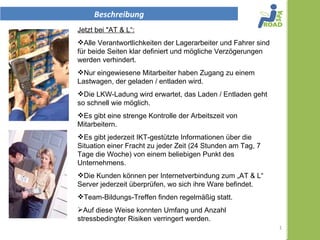 Beschreibung
Jetzt in der Firma:

- Alle Verantwortlichkeiten der Lagerarbeiter und Fahrer
sind für beide Seiten klar definiert und mögliche
Verzögerungen werden verhindert.
- Nur eingewiesene Mitarbeiter haben Zugang zu einem
Lastwagen, der geladen / entladen wird.
- Die LKW-Ladung wird erwartet, das Laden / Entladen
geht so schnell wie möglich.
- Es gibt eine strenge Kontrolle der Arbeitszeit von
Mitarbeitern.
- Es gibt jederzeit IKT-gestützte Informationen über die
Situation einer Fracht zu jeder Zeit (24 Stunden am
Tag, 7 Tage die Woche) von einem beliebigen Punkt
des Unternehmens.
-Die Kunden können per Internetverbindung zum „AT &
L“ Server jederzeit überprüfen, wo sich ihre Ware
befindet.
-Team-Bildungs-Treffen finden regelmäßig statt.
Auf diese Weise konnten Umfang und Anzahl
stressbedingter Risiken verringert werden.
                                                       1
 