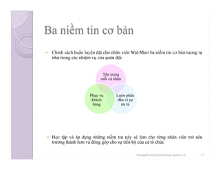   Chính sách huấn luyện đặt cho nhân viên Wal-Mart ba niềm tin cơ bản tương tự
như trong các nhiệm vụ của quân đội:
  Học tập và áp dụng những niềm tin này sẽ làm cho từng nhân viên trở nên
trưởng thành hơn và đóng góp cho sự tiến bộ của cả tổ chức
Tôn trọng
mỗi cá nhân
Luôn phấn
đấu vì sự
ưu tú
Phục vụ
khách
hàng
12hoangphuong@marketing-studies.vn
 