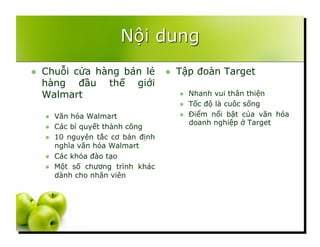   Chuỗi cửa hàng bán lẻ
hàng đầu thế giới
Walmart
  Văn hóa Walmart
  Các bí quyết thành công
  10 nguyên tắc cơ bản định
nghĩa văn hóa Walmart
  Các khóa đào tạo
  Một số chương trình khác
dành cho nhân viên
  Tập đoàn Target
  Nhanh vui thân thiện
  Tốc độ là cuôc sống
  Điểm nổi bật của văn hóa
doanh nghiệp ở Target
 