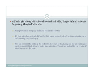   Để luôn giữ không khí vui vẻ cho các thành viên, Target luôn tổ chức các
hoạt động khuyến khích như:
  Xem phim và ăn bỏng ngô miễn phí vào các tối thứ Sáu
  Tổ chức các chương trình biểu diễn thời trang ngộ nghĩnh có sự tham gia của các vị
lãnh đạo cấp cao của công ty
  Mỗi khi có một khó khăn gì đó, có thể tổ chức một số hoạt động thi thố có phần ngốc
nghếch như thi hành động kỳ quặc, làm mặt xấu... Vừa để tạo không khí vui vẻ vừa để
đánh lừa các đối thủ khác
30
hoangphuong@marketing-studies.vn
 