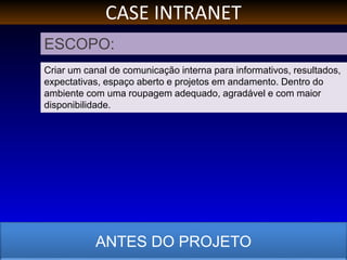 CASE INTRANET
ANTES DO PROJETO
ESCOPO:
Criar um canal de comunicação interna para informativos, resultados,
expectativas, espaço aberto e projetos em andamento. Dentro do
ambiente com uma roupagem adequado, agradável e com maior
disponibilidade.
 