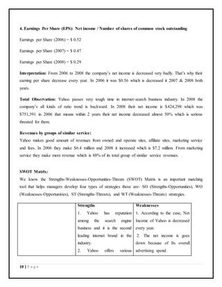 19 | P a g e
4. Earnings Per Share (EPS): Net income / Number of shares of common stock outstanding
Earnings per Share (2006) = $ 0.52
Earnings per Share (2007) = $ 0.47
Earnings per Share (2008) = $ 0.29
Interpretation: From 2006 to 2008 the company’s net income is decreased very badly. That’s why their
earning per share decrease every year. In 2006 it was $0.56 which is decreased it 2007 & 2008 both
years.
Total Observation: Yahoo passes very tough time in internet-search business industry. In 2008 the
company’s all kinds of ratio trend is backward. In 2008 their net income is $424,298 which was
$751,391 in 2006 that means within 2 years their net income decreased almost 50% which is serious
threated for them.
Revenues by groups of similar service:
Yahoo makes good amount of revenues from owned and operate sites, affiliate sites, marketing service
and fees. In 2006 they make $6.4 million and 2008 it increased which is $7.2 million. From marketing
service they make more revenue which is 88% of its total group of similar service revenues.
SWOT Matrix:
We know the Strengths-Weaknesses-Opportunities-Threats (SWOT) Matrix is an important matching
tool that helps managers develop four types of strategies those are- SO (Strengths-Opportunities), WO
(Weaknesses-Opportunities), ST (Strengths-Threats), and WT (Weaknesses-Threats) strategies.
Strengths
1. Yahoo has reputation
among the search engine
business and it is the second
leading internet brand in the
industry.
2. Yahoo offers various
Weaknesses
1. According to the case, Net
Income of Yahoo is decreased
every year.
2. The net income is goes
down because of Its overall
advertising spend.
 