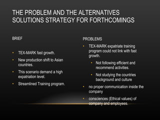 THE PROBLEM AND THE ALTERNATIVES SOLUTIONS STRATEGY FOR FORTHCOMINGS BRIEF  TEX-MARK fast growth.  New production shift to Asian countries. This scenario demand a high expatriation level. Streamlined Training program. PROBLEMS TEX-MARK expatriate training program could not link with fast growth. Not following efficient and  recommend activities.  Not studying the countries background and culture no proper communication inside the company  consciences (Ethical values) of company and employees.  