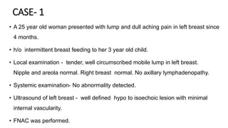 CASE- 1
• A 25 year old woman presented with lump and dull aching pain in left breast since
4 months.
• h/o intermittent breast feeding to her 3 year old child.
• Local examination - tender, well circumscribed mobile lump in left breast.
Nipple and areola normal. Right breast normal. No axillary lymphadenopathy.
• Systemic examination- No abnormality detected.
• Ultrasound of left breast - well defined hypo to isoechoic lesion with minimal
internal vascularity.
• FNAC was performed.
 