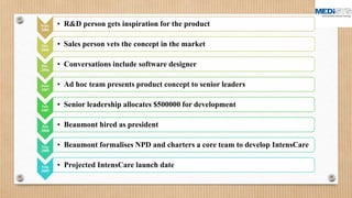 Sept.
2006
• R&D person gets inspiration for the product
Oct.
2006
• Sales person vets the concept in the market
Dec.
2006
• Conversations include software designer
June
2007
• Ad hoc team presents product concept to senior leaders
July
2007
• Senior leadership allocates $500000 for development
Jan
2008
• Beaumont hired as president
Aug.
2008
• Beaumont formalises NPD and charters a core team to develop IntensCare
Aug.
2009
• Projected IntensCare launch date
 