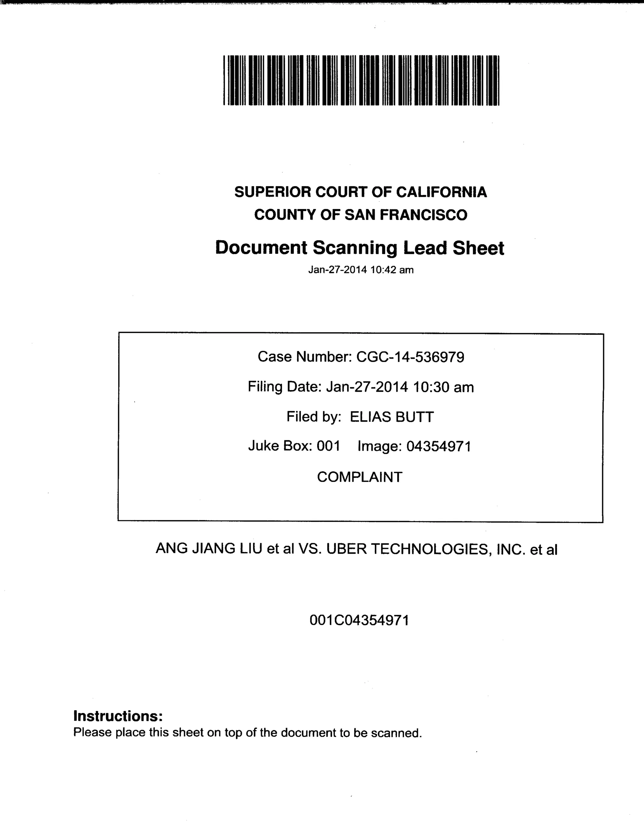 Uber Lawsuit Documents: Case13 ang jiang liu et al vs. uber technologies-wrongful-death