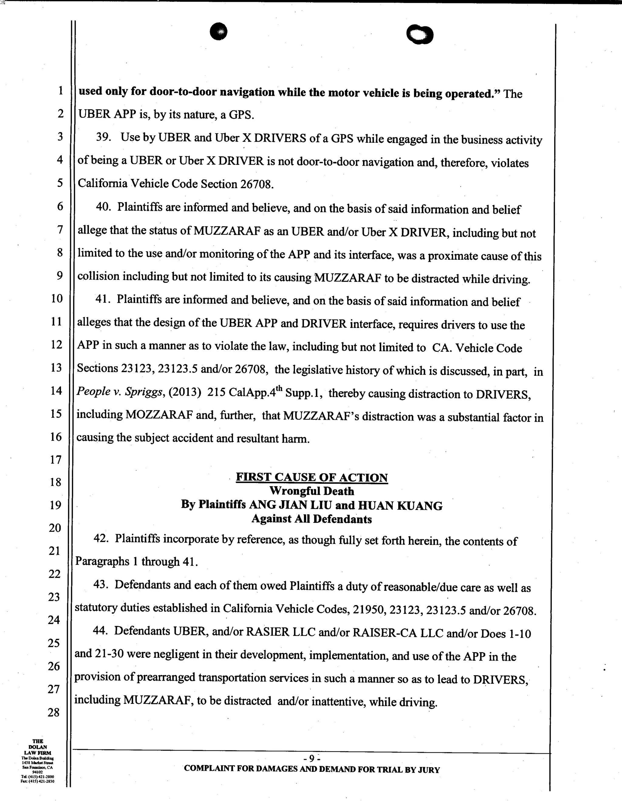 Uber Lawsuit Documents: Case13 ang jiang liu et al vs. uber technologies-wrongful-death