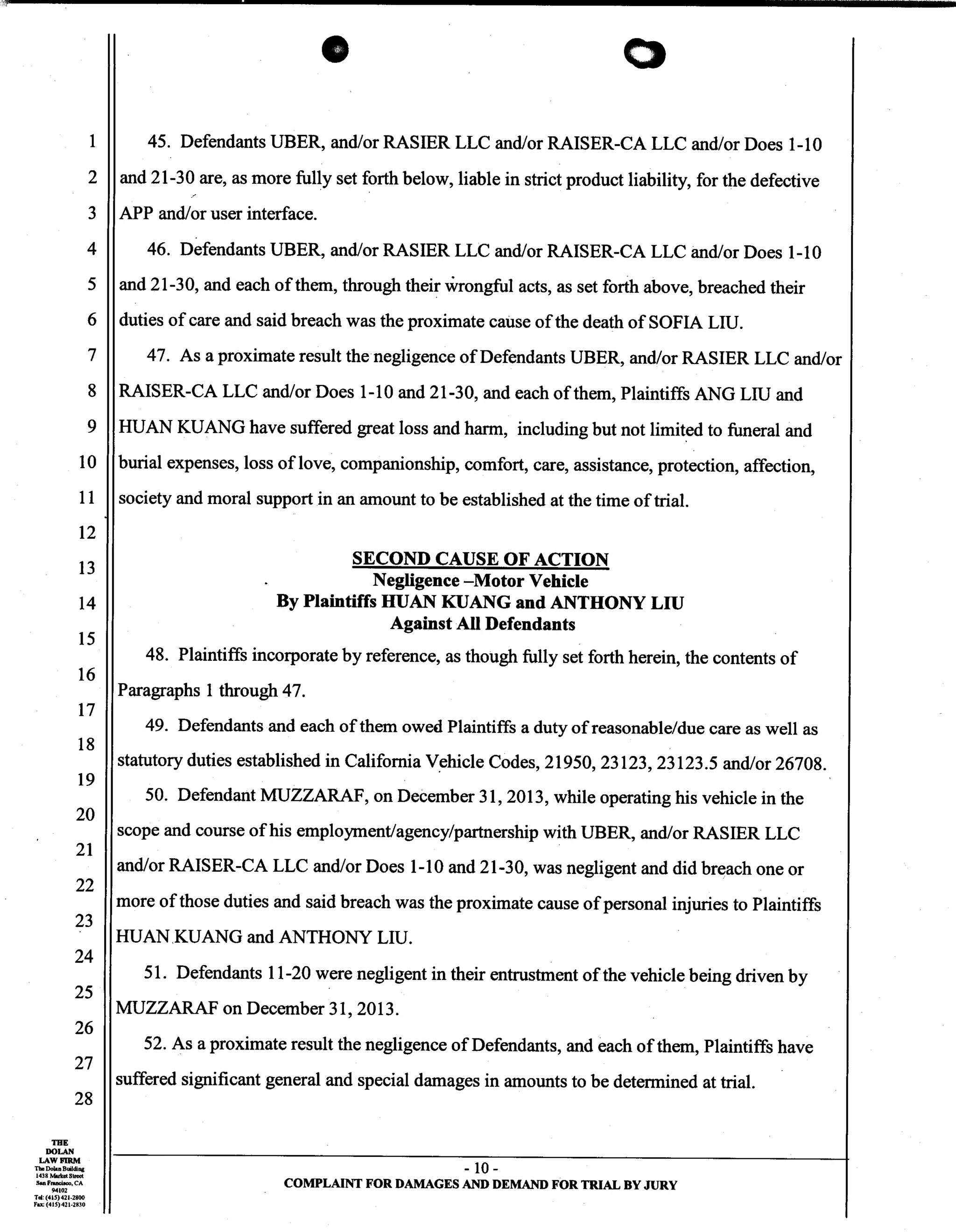 Uber Lawsuit Documents: Case13 ang jiang liu et al vs. uber technologies-wrongful-death