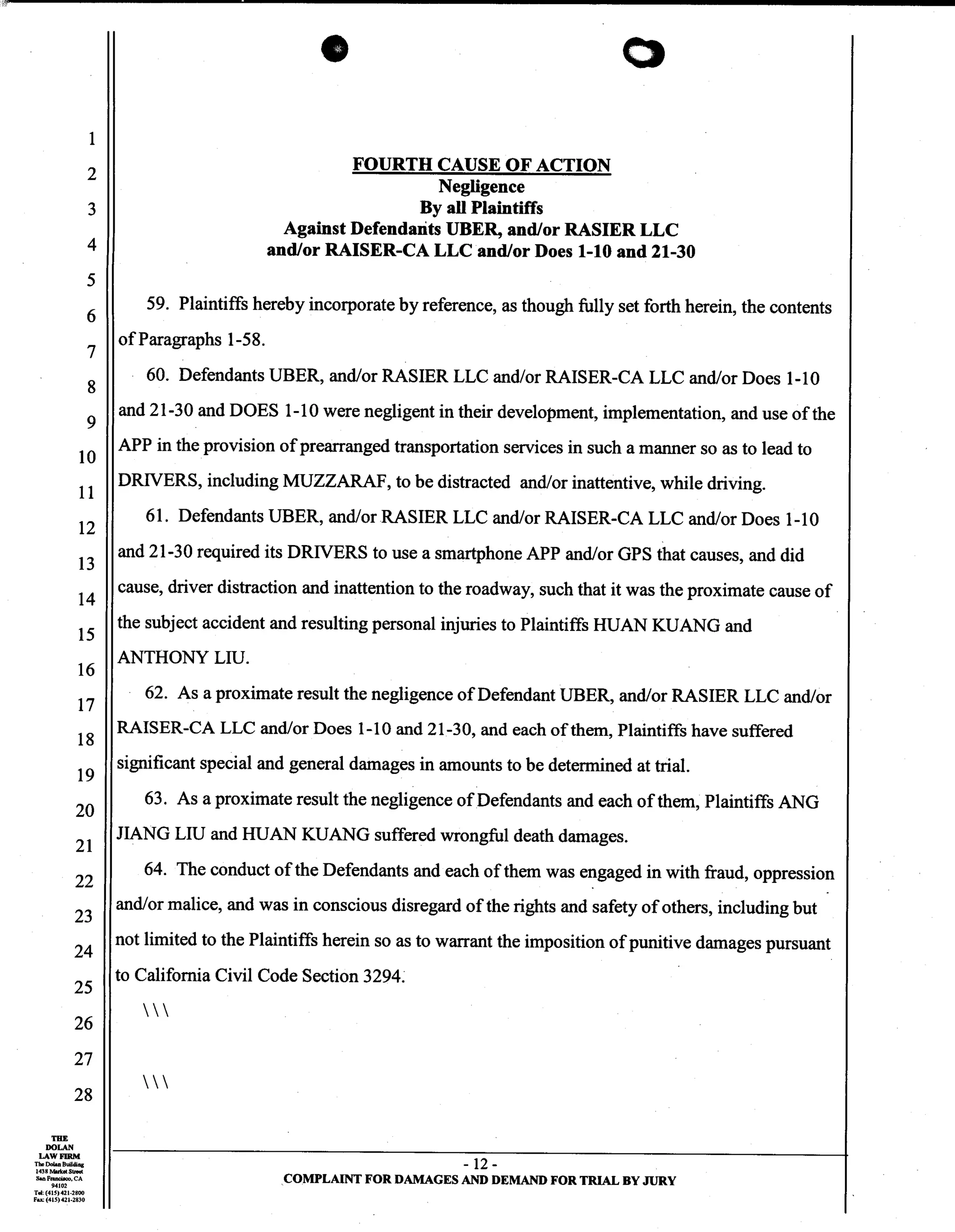 Uber Lawsuit Documents: Case13 ang jiang liu et al vs. uber technologies-wrongful-death
