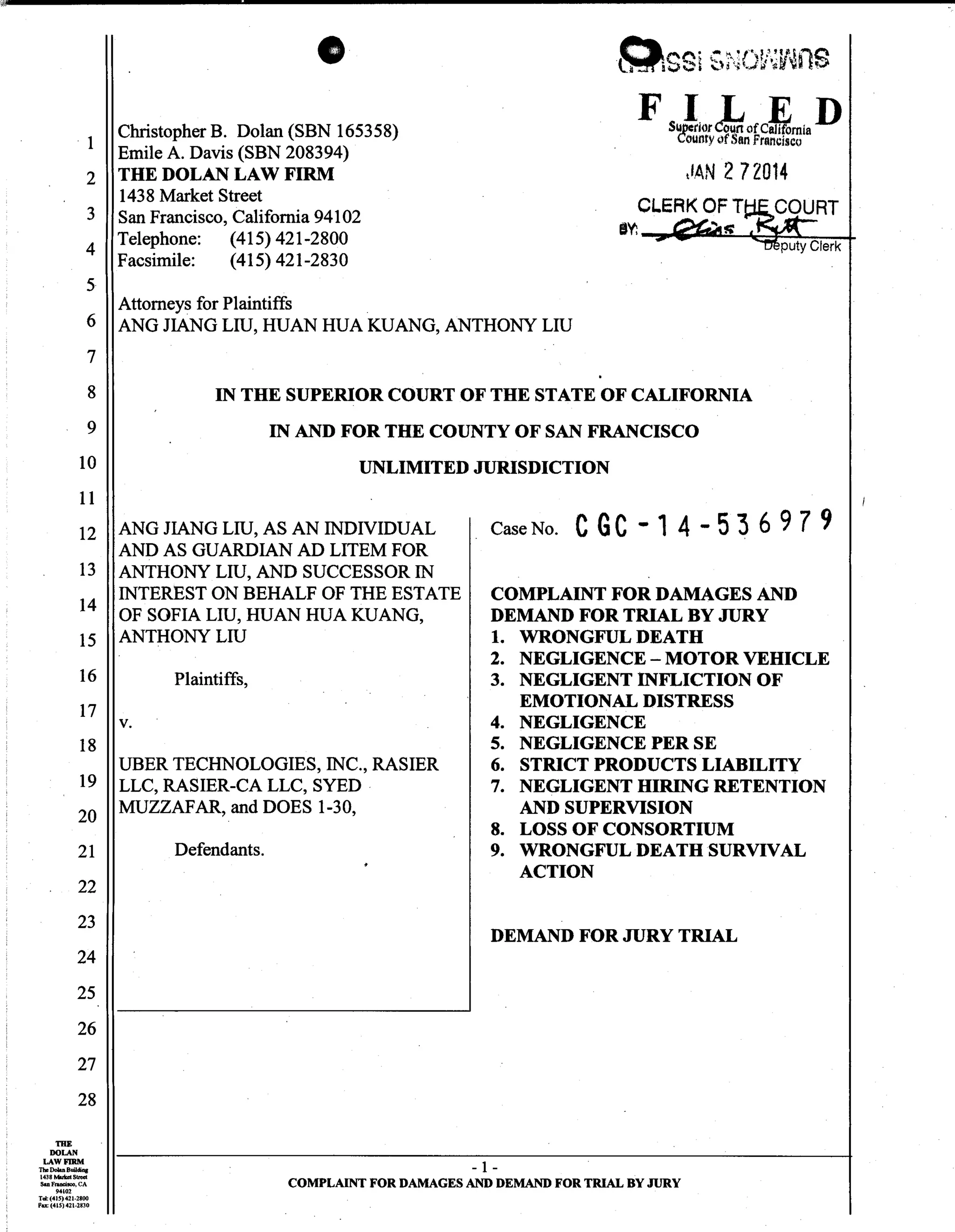 Uber Lawsuit Documents: Case13 ang jiang liu et al vs. uber technologies-wrongful-death