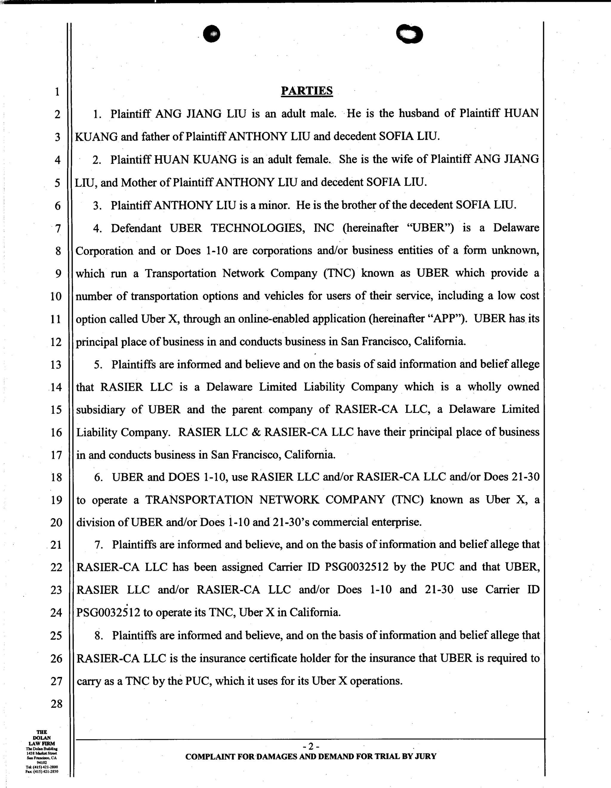 Uber Lawsuit Documents: Case13 ang jiang liu et al vs. uber technologies-wrongful-death