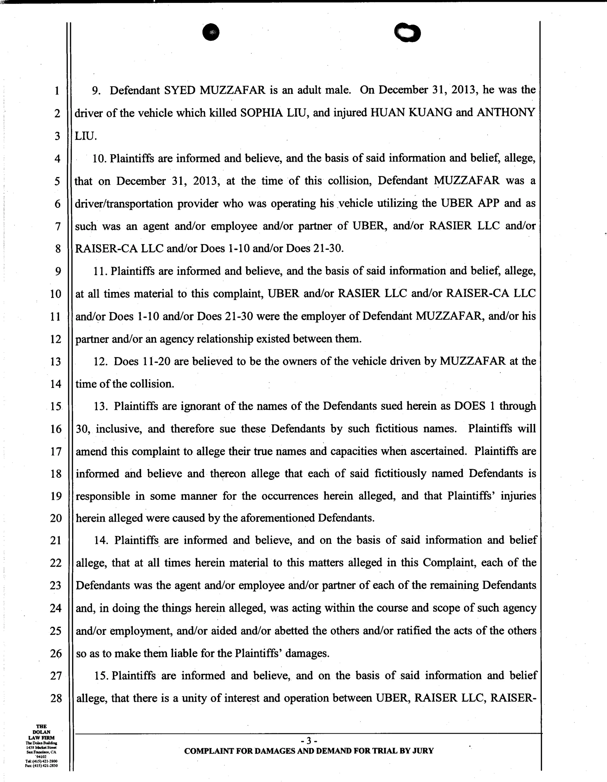 Uber Lawsuit Documents: Case13 ang jiang liu et al vs. uber technologies-wrongful-death
