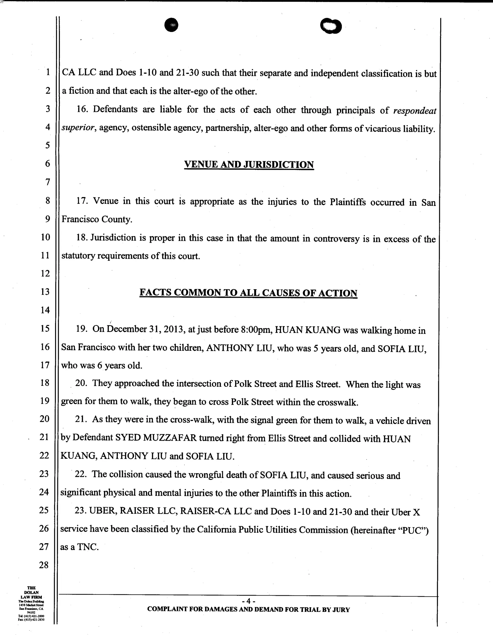 Uber Lawsuit Documents: Case13 ang jiang liu et al vs. uber technologies-wrongful-death