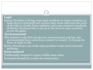 Legal
Harley-Davidson is facing some legal problems in Asian countries, in
India there is 60%tariff and various other taxes will cause the price
of the bike to double Noise pollution and some emission standards
of Harley-Davidson bike is not up to the level of some countries
across the globe.
Environmental
This industry is the first attacked by environmental activists, the
environmental laws varies from country to country. In Europe its
Euro, in India its BS.
Harley-Davidson’s one of the main problem is this environmental
problems
Socio-cultural
Traditionally targeted to upper middle class males.
Increased demand by women for motorcycles.
14
 