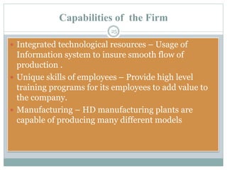 Capabilities of the Firm
25
 Integrated technological resources – Usage of
Information system to insure smooth flow of
production .
 Unique skills of employees – Provide high level
training programs for its employees to add value to
the company.
 Manufacturing – HD manufacturing plants are
capable of producing many different models
 