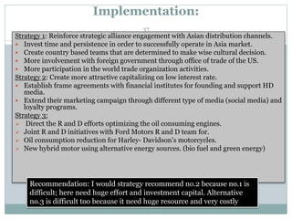 Implementation:
Strategy 1: Reinforce strategic alliance engagement with Asian distribution channels.
 Invest time and persistence in order to successfully operate in Asia market.
 Create country based teams that are determined to make wise cultural decision.
 More involvement with foreign government through office of trade of the US.
 More participation in the world trade organization activities.
Strategy 2: Create more attractive capitalizing on low interest rate.
 Establish frame agreements with financial institutes for founding and support HD
media.
 Extend their marketing campaign through different type of media (social media) and
loyalty programs.
Strategy 3:
 Direct the R and D efforts optimizing the oil consuming engines.
 Joint R and D initiatives with Ford Motors R and D team for.
 Oil consumption reduction for Harley- Davidson’s motorcycles.
 New hybrid motor using alternative energy sources. (bio fuel and green energy)
37
Recommendation: I would strategy recommend no.2 because no.1 is
difficult; here need huge effort and investment capital. Alternative
no.3 is difficult too because it need huge resource and very costly
 
