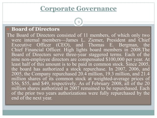 Corporate Governance
 Board of Directors
The Board of Directors consisted of 11 members, of which only two
were internal members—James L. Ziemer, President and Chief
Executive Officer (CEO), and Thomas E. Bergman, the
Chief Financial Officer. High lights board members in 2008.The
Board of Directors serve three-year staggered terms. Each of the
nine non-employee directors are compensated $100,000 per year. At
least half of this amount is to be paid in common stock. Since 2005,
the board has authorized a stock repurchase. In 2007, 2006, and
2005, the Company repurchased 20.4 million, 19.3 million, and 21.4
million shares of its common stock at weighted-average prices of
$56, $55, and $49, respectively. As of February 2008, all of the 20
million shares authorized in 2007 remained to be repurchased. Each
of the prior two years authorizations were fully repurchased by the
end of the next year.
9
 
