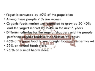 • Yogurt is consumed by 40% of the population
• Among these people 7 % are women
• Organic foods market was expected to grow by 20-40%
and the yogurt market by 2-4% in the next 5 years
• Different criterias for the regular shoppers and the people
prefering organic foods in the selection of yogurt.
• 46% of organic food buyers bought food at a supermarket
• 29% at natural foods store.
• 25 % at a small health store.
 