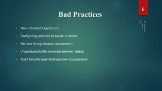 Bad Practices
• Non Standard Operations
• Firefighting attitude to tackle problem
• No new hiring despite requirement
• Unsanctionedbuffer inventoriesbetween stations
• Quick fixingtheassemblylineproblem bysupervisors
6
 