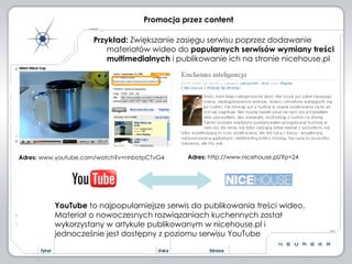 Promocja przez content Przykład:  Zwiększanie zasięgu serwisu poprzez dodawanie materiałów wideo do  popularnych serwisów ...
