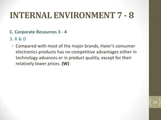 INTERNAL ENVIRONMENT 7 - 8,[object Object],C. Corporate Resources 3 - 4,[object Object],3. R & D,[object Object],Compared with most of the major brands, Haier’s consumer electronics products has no competitive advantages either in technology advances or in product quality, except for their relatively lower prices. (W),[object Object],25,[object Object]