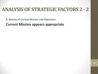 ANALYSIS OF STRATEGIC FACTORS 2 - 2,[object Object],B. Review of Current Mission and Objectives,[object Object],Current Mission appears appropriate,[object Object],28,[object Object]