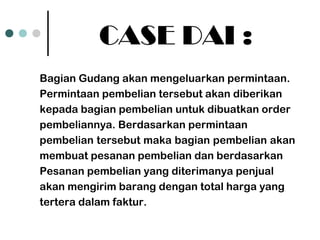 CASE DAI :
Bagian Gudang akan mengeluarkan permintaan.
Permintaan pembelian tersebut akan diberikan
kepada bagian pembelian untuk dibuatkan order
pembeliannya. Berdasarkan permintaan
pembelian tersebut maka bagian pembelian akan
membuat pesanan pembelian dan berdasarkan
Pesanan pembelian yang diterimanya penjual
akan mengirim barang dengan total harga yang
tertera dalam faktur.
 