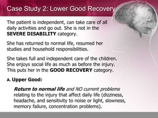 Case Study 2: Lower Good Recovery

The patient is independent, can take care of all
daily activities and go out. She is not in the
SEVERE DISABILITY category.
She has returned to normal life, resumed her
studies and household responsibilities.
She takes full and independent care of the children.
She enjoys social life as much as before the injury.
This puts her in the GOOD RECOVERY category.
A. Upper   Good:
   Return to normal life and NO current problems
   relating to the injury that affect daily life (dizziness,
   headache, and sensitivity to noise or light, slowness,
   memory failure, concentration problems).
 