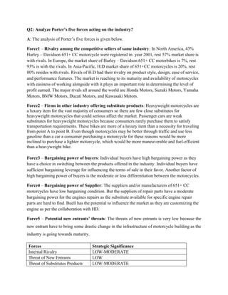 Q2: Analyze Porter’s five forces acting on the industry?
A: The analysis of Porter’s five forces is given below.
Force1 – Rivalry among the competitive sellers of same industry: In North America, 43%
Harley – Davidson 651+ CC motorcycle were registered in year 2001, rest 57% market share is
with rivals. In Europe, the market share of Harley – Davidson 651+ CC motorbikes is 7%, rest
93% is with the rivals. In Asia-Pacific, H.D market share of 651+CC motorcycles is 20%, rest
80% resides with rivals. Rivals of H.D had their rivalry on product style, design, ease of service,
and performance features. The market is reaching to its maturity and availability of motorcycles
with easiness of working alongside with it plays an important role in determining the level of
profit earned. The major rivals all around the world are Honda Motors, Suzuki Motors, Yamaha
Motors, BMW Motors, Ducati Motors, and Kawasaki Motors.
Force2 – Firms in other industry offering substitute products: Heavyweight motorcycles are
a luxury item for the vast majority of consumers so there are few close substitutes for
heavyweight motorcycles that could serious affect the market. Passenger cars are weak
substitutes for heavyweight motorcycles because consumers rarely purchase them to satisfy
transportation requirements. These bikes are more of a luxury item than a necessity for traveling
from point A to point B. Even though motorcycles may be better through traffic and use less
gasoline than a car a consumer purchasing a motorcycle for these reasons would be more
inclined to purchase a lighter motorcycle, which would be more maneuverable and fuel-efficient
than a heavyweight bike.
Force3 – Bargaining power of buyers: Individual buyers have high bargaining power as they
have a choice in switching between the products offered in the industry. Individual buyers have
sufficient bargaining leverage for influencing the terms of sale in their favor. Another factor of
high bargaining power of buyers is the moderate or less differentiation between the motorcycles.
Force4 – Bargaining power of Supplier: The suppliers and/or manufacturers of 651+ CC
motorcycles have low bargaining condition. But the suppliers of repair parts have a moderate
bargaining power for the engines repairs as the substitute available for specific engine repair
parts are hard to find. Buell has the potential to influence the market as they are customizing the
engine as per the collaboration with HD.
Force5 – Potential new entrants’ threats: The threats of new entrants is very low because the
new entrant have to bring some drastic change in the infrastructure of motorcycle building as the
industry is going towards maturity.
Forces Strategic Significance
Internal Rivalry LOW-MODERATE
Threat of New Entrants LOW
Threat of Substitutes Products LOW-MODERATE
 