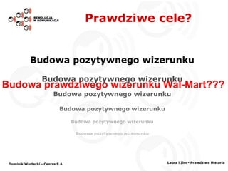 Podróż dwójki ludzie przez USA Odwiedziny u swoich dzieci Zwiedzanie okolicy Odwiedzanie znajdujących się po drodze Wal-Mart’ów Rozmowa z pracownikami sklepów na temat „plusów” pracy Prezentowanie dobrego wizerunku sieci Wal-Mart Prawdziwe cele? Budowa pozytywnego wizerunku Budowa pozytywnego wizerunku Budowa pozytywnego wizerunku Budowa pozytywnego wizerunku Budowa pozytywnego wizerunku Budowa pozytywnego wizeurunku Budowa prawdziwego wizerunku Wal-Mart??? Dominik Wartecki - Centra S.A. Laura i Jim - Prawdziwa Historia 
