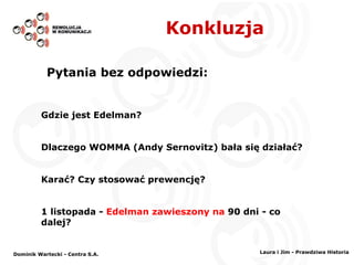 Konkluzja Dominik Wartecki - Centra S.A. Pytania bez odpowiedzi: Gdzie jest Edelman?  Dlaczego WOMMA (Andy Sernovitz) bała się działać? Karać? Czy stosować prewencję? 1 listopada -  Edelman zawieszony na  90 dni - co dalej? Laura i Jim - Prawdziwa Historia 