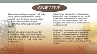 • Bagaimana distribusi tegangan blok beton
untuk balok dalam menerima beban!
Apakah yang dimaksud dengan wilayah
tarik dan tekan pada balok! Apa
pengaruhnya terhadap perencanaan
balok!
• Berikan gambaran model struktur dan
model beban yang akan anda analisis
untuk balok pada lantai 2 dan 3 serta ring
balk (fokus pada ring balk bagian tepi
bangunan)!
• Apakah fungsi tulangan tarik, tulangan tekan,
dan tulangan geser pada perencanaan balok?
Adakah pertimbangan tertentu yang dapat
dilakukan untuk menghilangkan salah satu
tulangan dalam perencanaan balok! Jelaskan
syarat-syaratnya!
• Apakah hasil perencanaan yang diberikan oleh
tim dinas PU merupakan hasil terbaik untuk
memenuhi syarat keamanan dan ekonomis
perencanaan? Berikan saran dan masukan
anda terkait model struktur yang telah anda
pelajari setelah penelaah anda terhadap denah
yang ada
OBJECTIVE
 