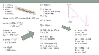 h = 400mm
b = 260mm
d = h-p
= 400-40
= 360mm
Smax = d/2 = 180 mm diambil S = 150 mm
Avmin = 0,062√𝑓𝑐′ 𝑏𝑤 . 𝑠
𝑓𝑦𝑡
= 40,3 m𝑚2
Asumsi D8
Av = 50,3 m𝑚2
2Av = 100,6 m𝑚2
Steoritis =
𝐴𝑣 .𝑓𝑦𝑡 .𝑑
𝑉𝑠
= 208,82 mm
S =
3𝐴𝑣 .𝑓𝑦𝑡
𝑏𝑤
= 348,23 mm
X = 360 mm
Vx = Va – qx
= 84,6 – 37,6 (0,36)
= 71,064 kN
Vx = Vu
∅𝑉𝑐 = 64,084
∅𝑣𝑐
2
= 32,042
32,042 = 84,6 – 37,6 x
X = 1,398
Vu = ∅𝑉𝑐 + ∅𝑉𝑠
Vs = 52, 0293 kN
S = 150mm (s< d/2)
Vs < 1/3 𝑓𝑐′. 𝑏𝑤 . 𝑑
52,0293 < 170 , 89 kN
360
X1 = 0 – 1,398
D10 – 150
As = 524 m𝑚2
X2 = 1,398 – 3,102
D10 – 200
As = 393 m𝑚2
X3 = 3,102 – 4,5
D10 – 150
As = 52 m𝑚2
 
