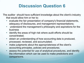 Discussion Question 6
The auditor should have sufficient knowledge about the client’s industry
that would allow him or her to:
• evaluate the fair presentation of company's financial statements,
adequacy of disclosures, and management representations;
• understand the management’s philosophy and aspirations for the
business
• identify the areas of high risk where audit efforts should be
concentrated;
• obtain an understanding of how accounting data is produced,
processed, reviewed, and accumulated;
• make judgments about the appropriateness of the client’s
accounting principles, policies and procedures;
• assess the potential for use of analytical procedures, and identify
the information which can be used to make predictions and
comparisons.
 