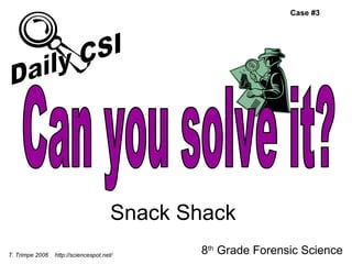 Snack Shack 8 th  Grade Forensic Science T. Trimpe 2006  http://sciencespot.net/ Case #3 Can you solve it? Daily CSI 