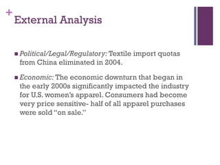 +
    External Analysis

     Political/Legal/Regulatory: Textile   import quotas
     from China eliminated in 2004.

     Economic: The economic downturn that began in
     the early 2000s significantly impacted the industry
     for U.S. women’s apparel. Consumers had become
     very price sensitive- half of all apparel purchases
     were sold ―on sale.‖
 