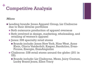 +
    Competitive Analysis

    Micro
       Leading brands: Jones Apparel Group, Liz Claiborne
        due to their diverse portfolios
         Both outsource production of apparel overseas
         Both involved in design, marketing, wholesaling, and
          retailing of women’s apparel
         Jones: 396 specialty retail stores
           Brands include: Jones New York, Nine West, Anne
            Klein, Gloria Vanderbilt, Kasper, Bandolino, Evan-
            Picone, Energie, EnzoAngiolini
         Claiborne: 338 retail stores around the globe (201 in
          US)
           Brands include: Liz Claiborne, Mexx, Juicy Couture,
            Lucky Brand Jeans, Ellen Tracy
 