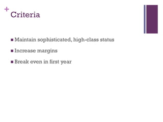 +
    Criteria

     Maintain   sophisticated, high-class status

     Increase   margins

     Break   even in first year
 