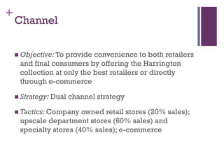 +
    Channel

     Objective: Toprovide convenience to both retailers
     and final consumers by offering the Harrington
     collection at only the best retailers or directly
     through e-commerce

     Strategy: Dual   channel strategy

     Tactics: Company  owned retail stores (20% sales);
     upscale department stores (60% sales) and
     specialty stores (40% sales); e-commerce
 