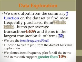 Data Exploration 
• We use output from the summary() 
function on the dataset to find most 
frequently purchased item( 
), items per average 
transaction( ) and items in the 
largest transaction # of items(32) 
• We use the itemFrequencyPlot() 
• Function to create plot from the dataset for visual 
exploration 
• We plotted item frequency plot for all the items 
and items with support 
 